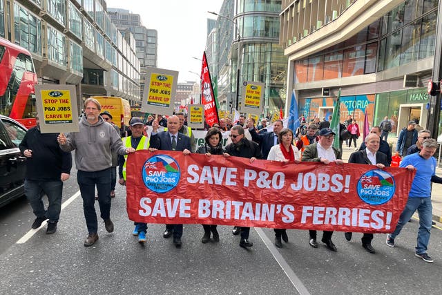 <p>London calling: union leaders and crew of P&O Ferries on a protest march through the capital</p>