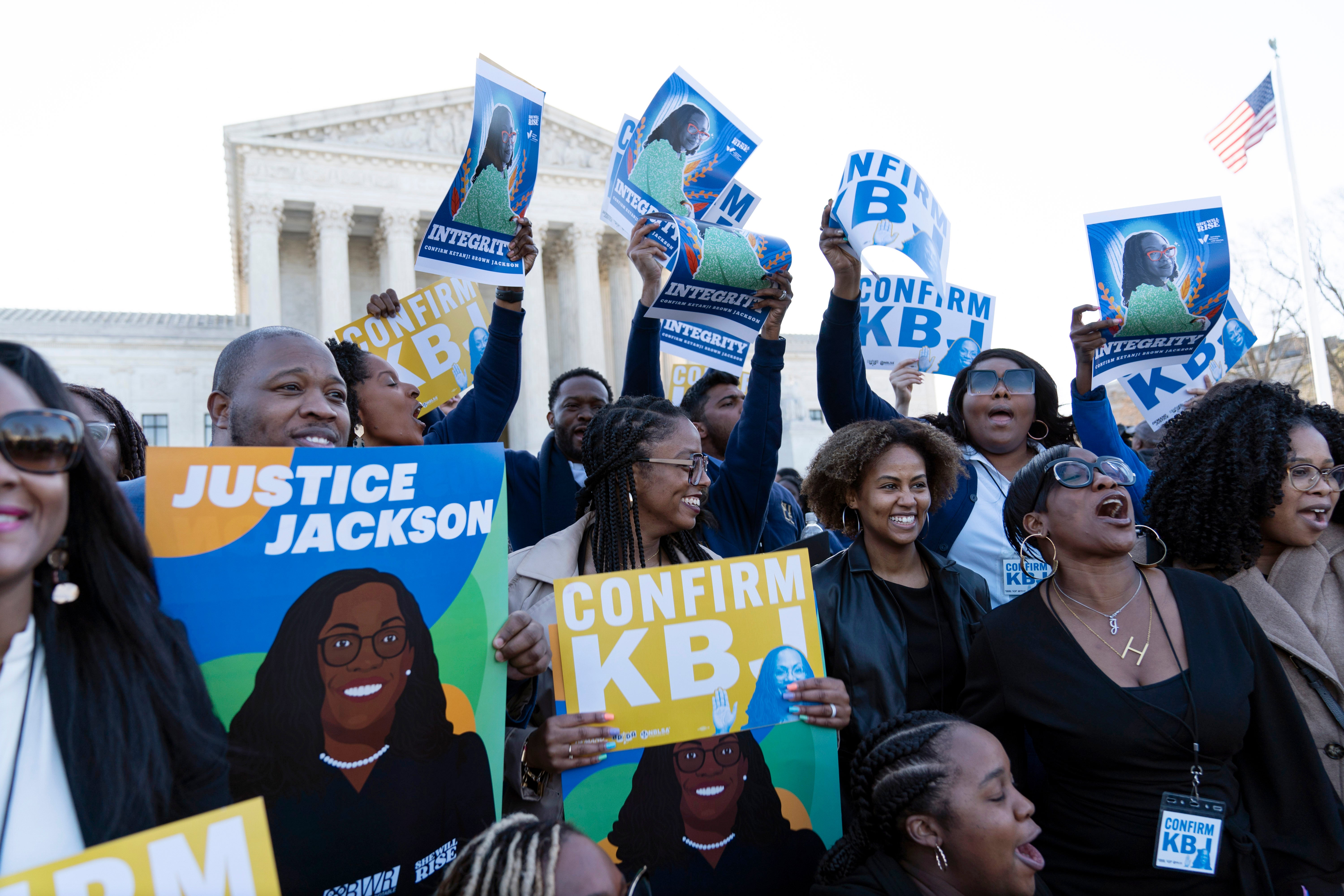 Supporters of the confirmation of Judge Ketanji Brown Jackson rally outside of the Supreme Court on Capitol Hill in Washington, Monday, March 21, 2022