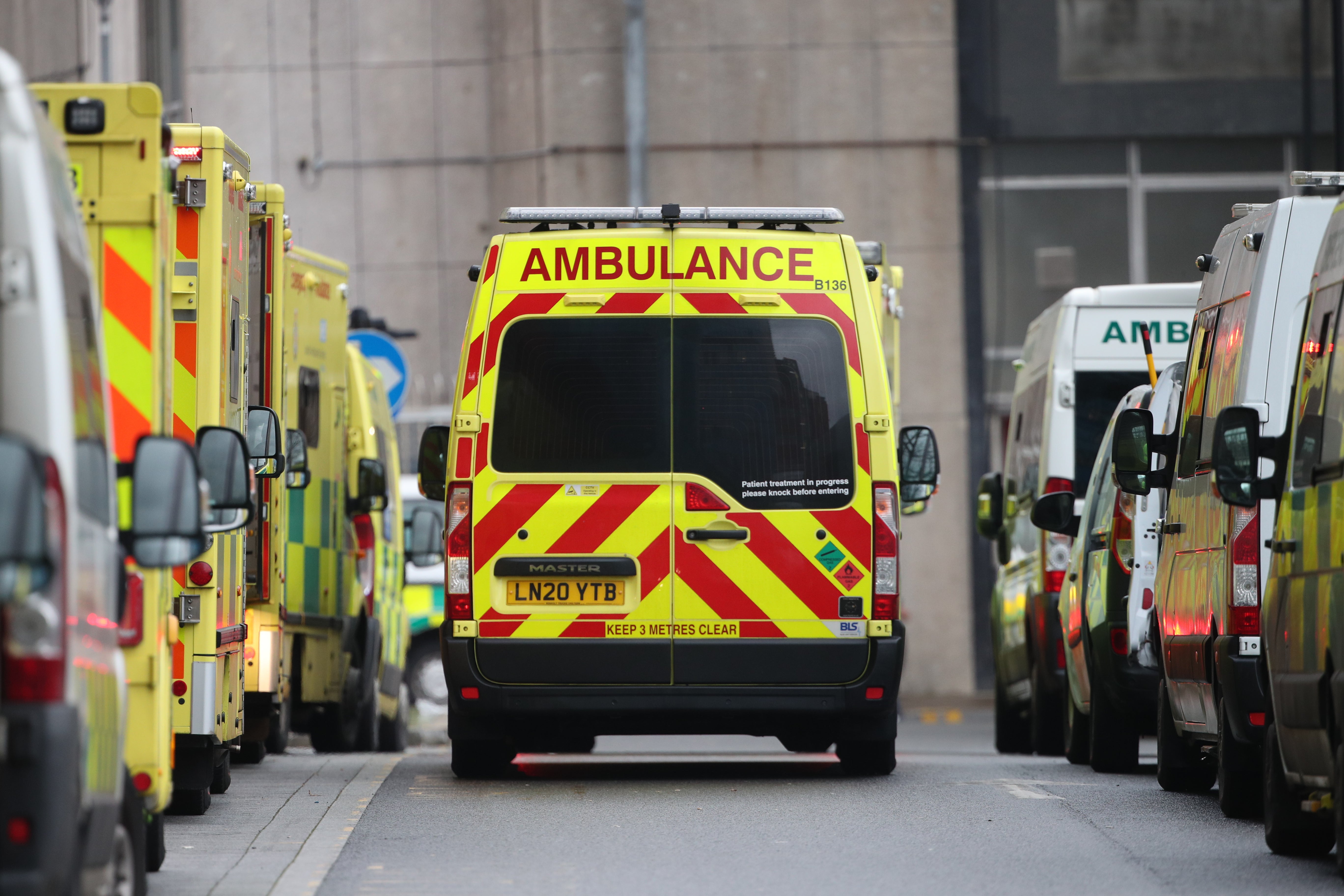 Ambulances outside the Royal London Hospital in Whitechapel in January 2021 (Yui Mok/PA)