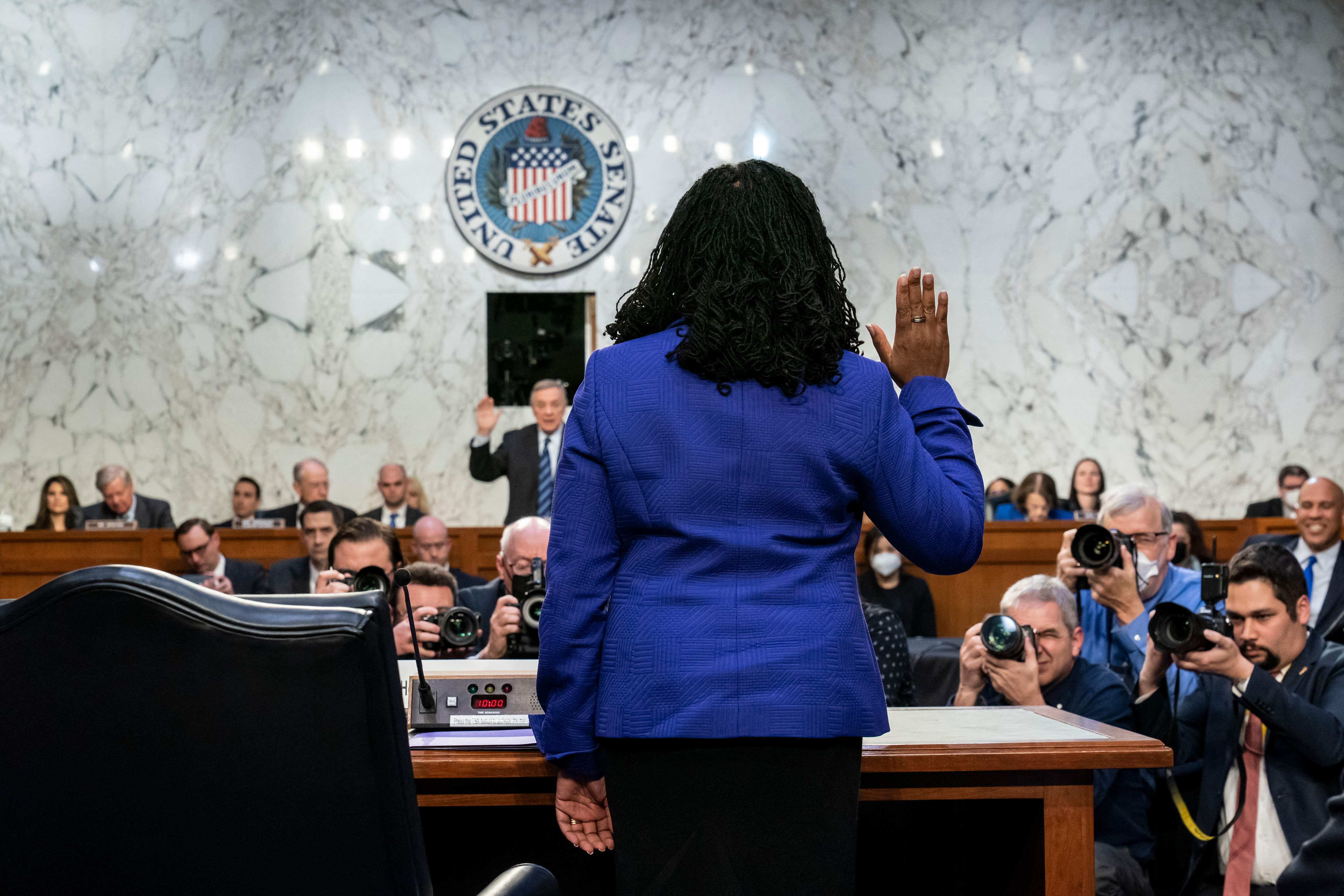 US Supreme Court nominee Ketanji Brown Jackson is sworn in by Senate Judiciary Committee chairChairman Dick Durbin on 21 March, 202