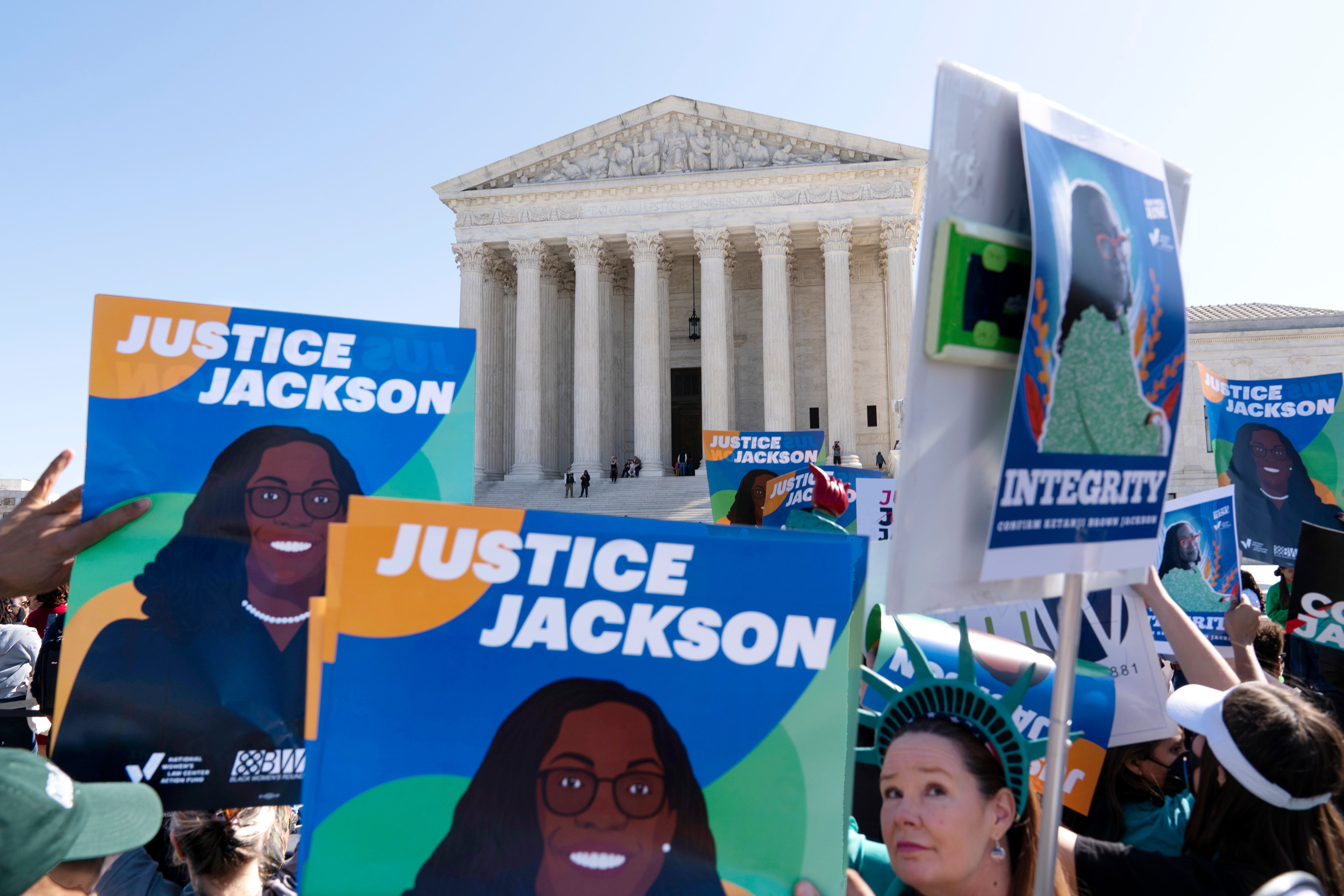 Demonstrators rally in Washington DC to support Ketanji Brown Jackson’s nomination to the US Supreme Court on 21 March, 2022.