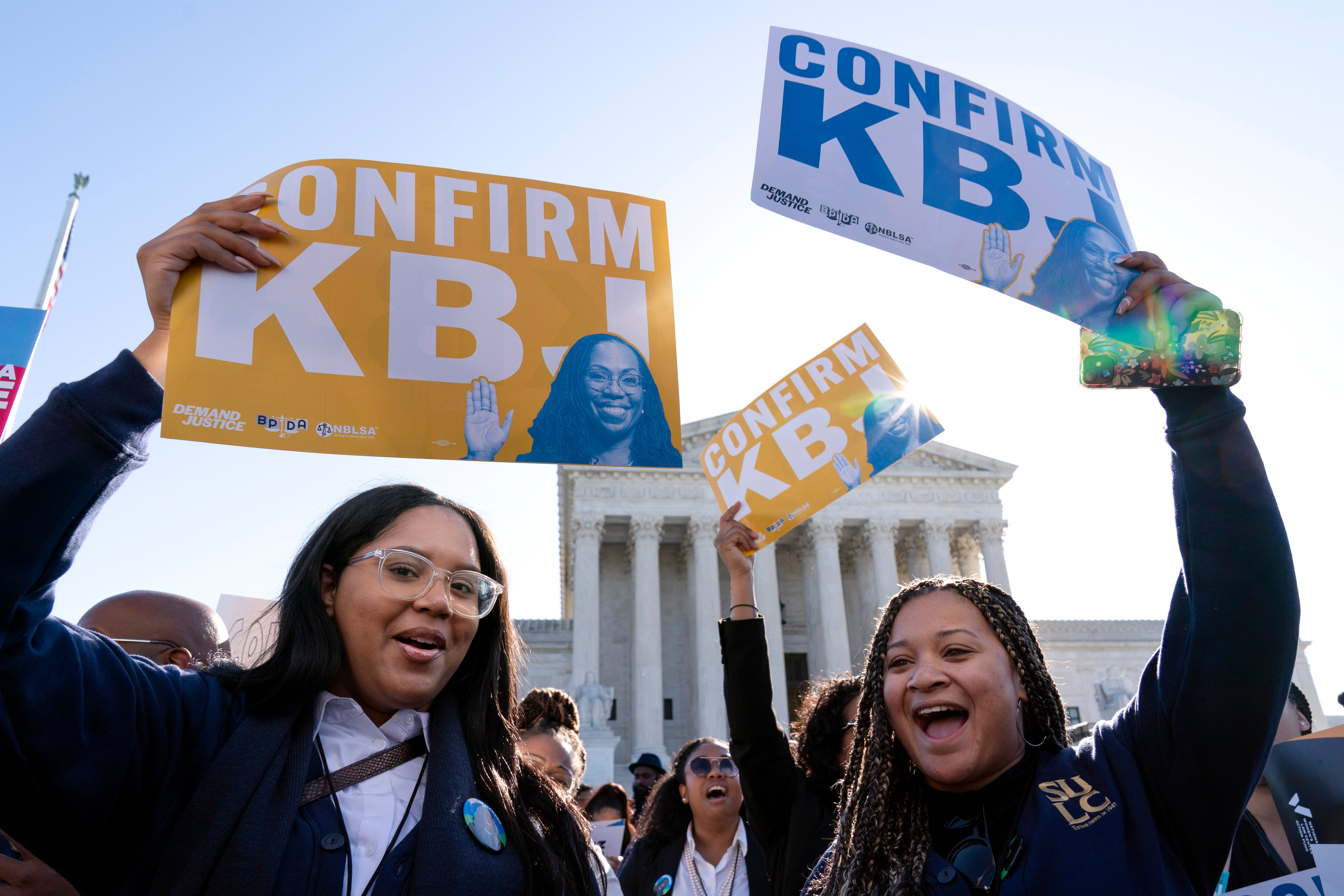Supporters of Judge Ketanji Brown Jackson rally outside of the Supreme Court on Capitol Hill in Washington on Monday as the Senate Judiciary Committee begins historic confirmation hearings