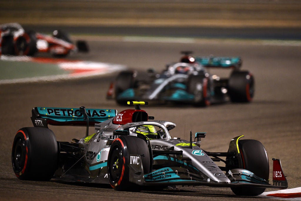 Lewis Hamilton (front) and Mercedes teammate George Russell in Bahrain