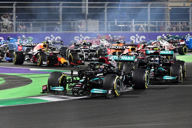 <p>Lewis Hamilton won a dramatic race in Saudi Arabia last season  </p>