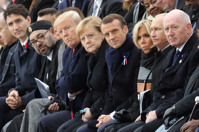 <p>In this file photo taken on 11 November 201 Canadian Prime Minister Justin Trudeau, US President Donald Trump, German Chancellor Angela Merkel and French President Emmanuel Macron attend a ceremony at the Arc de Triomphe in Paris</p>
