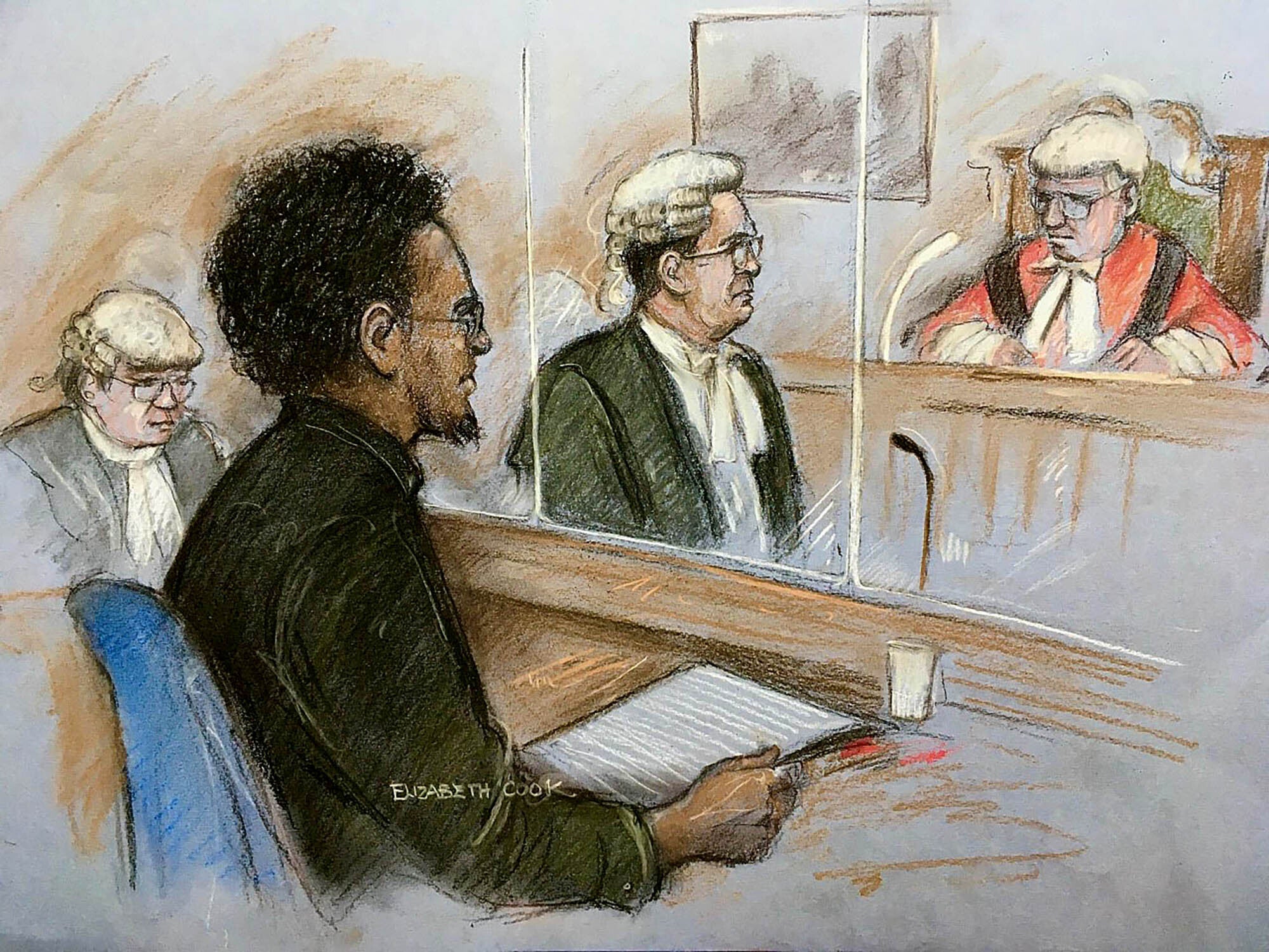 A court sketch by Elizabeth Cook of Ali Harbi Ali in the dock at the Old Bailey in London (Elizabeth Cook/PA)