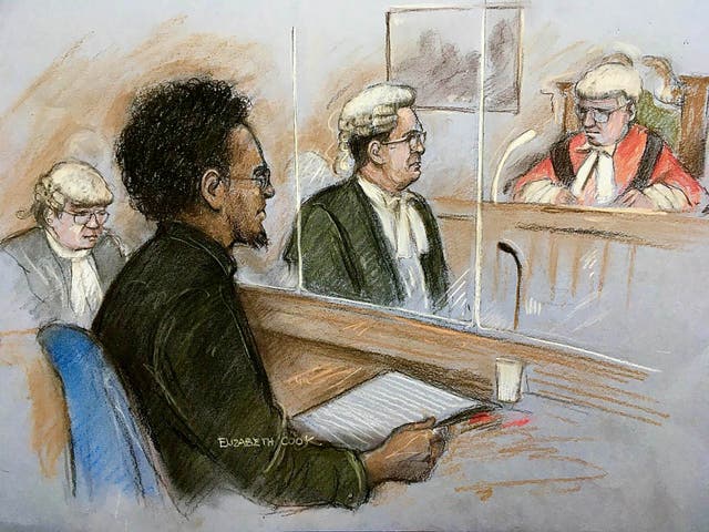 A court sketch by Elizabeth Cook of Ali Harbi Ali in the dock at the Old Bailey in London (Elizabeth Cook/PA)