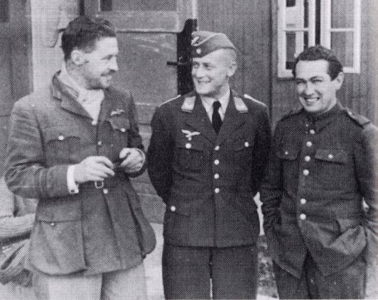 Left to right: Bushell, Leutnant Eberhardt (German Security) and Paddy Byrne. Byrne succeeded in escaping by feigning insanity, and as a consequence was repatriated