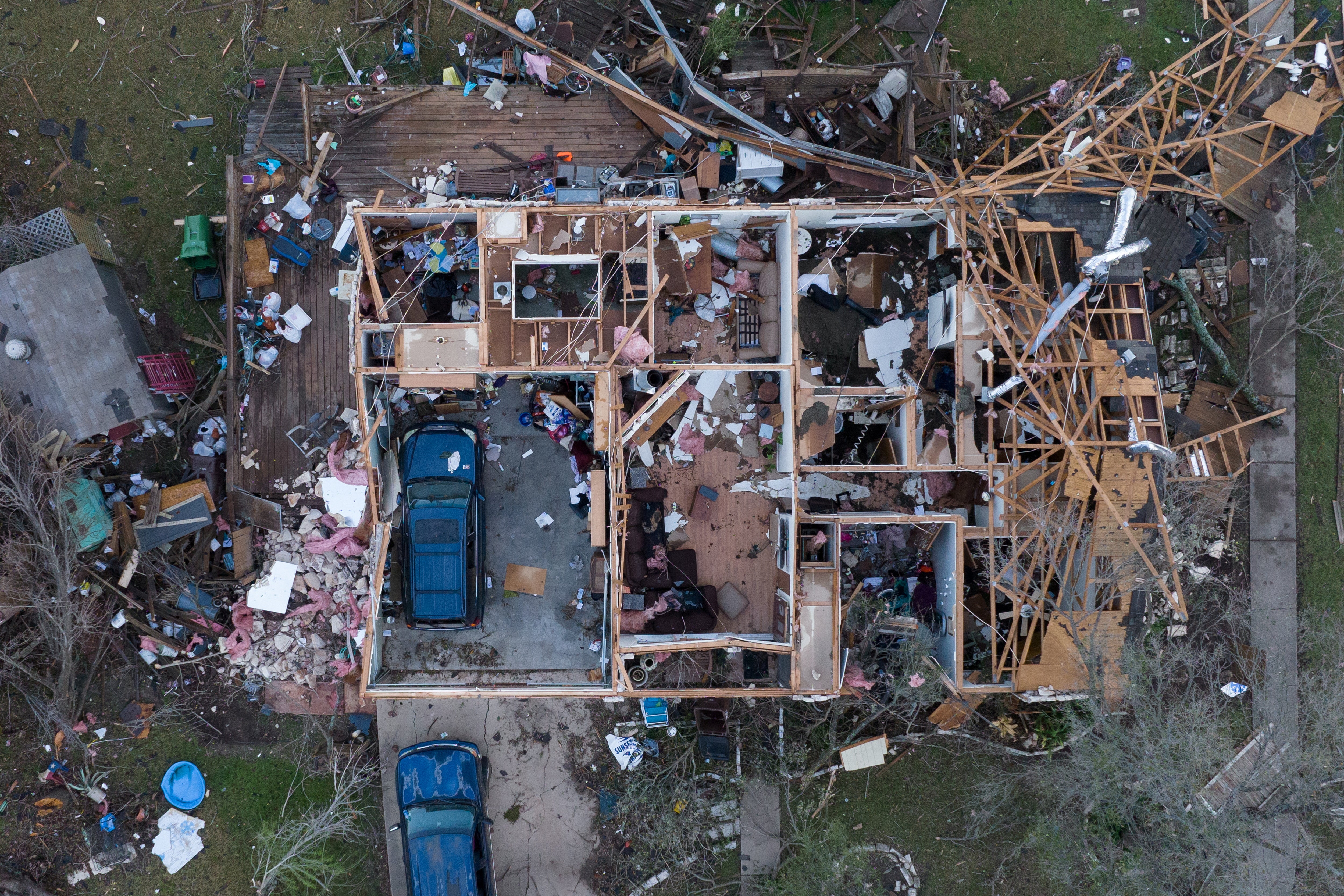 A destroyed home is seen in the aftermath of a tornado in Round Rock on Tuesday