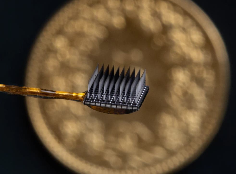 <p>Two microelectrode arrays, each 3.2mm square, were inserted into the surface of the motor cortex in the frontal lobe of the brain</p>