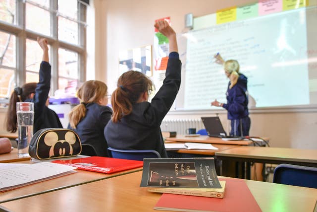 <p>A child raising their hand in a classroom
</p>