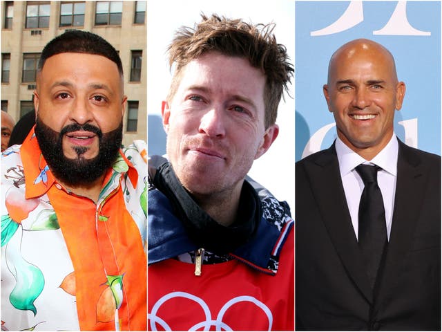 <p>DJ Khaled, Shaun White, and Kelly Slater</p>