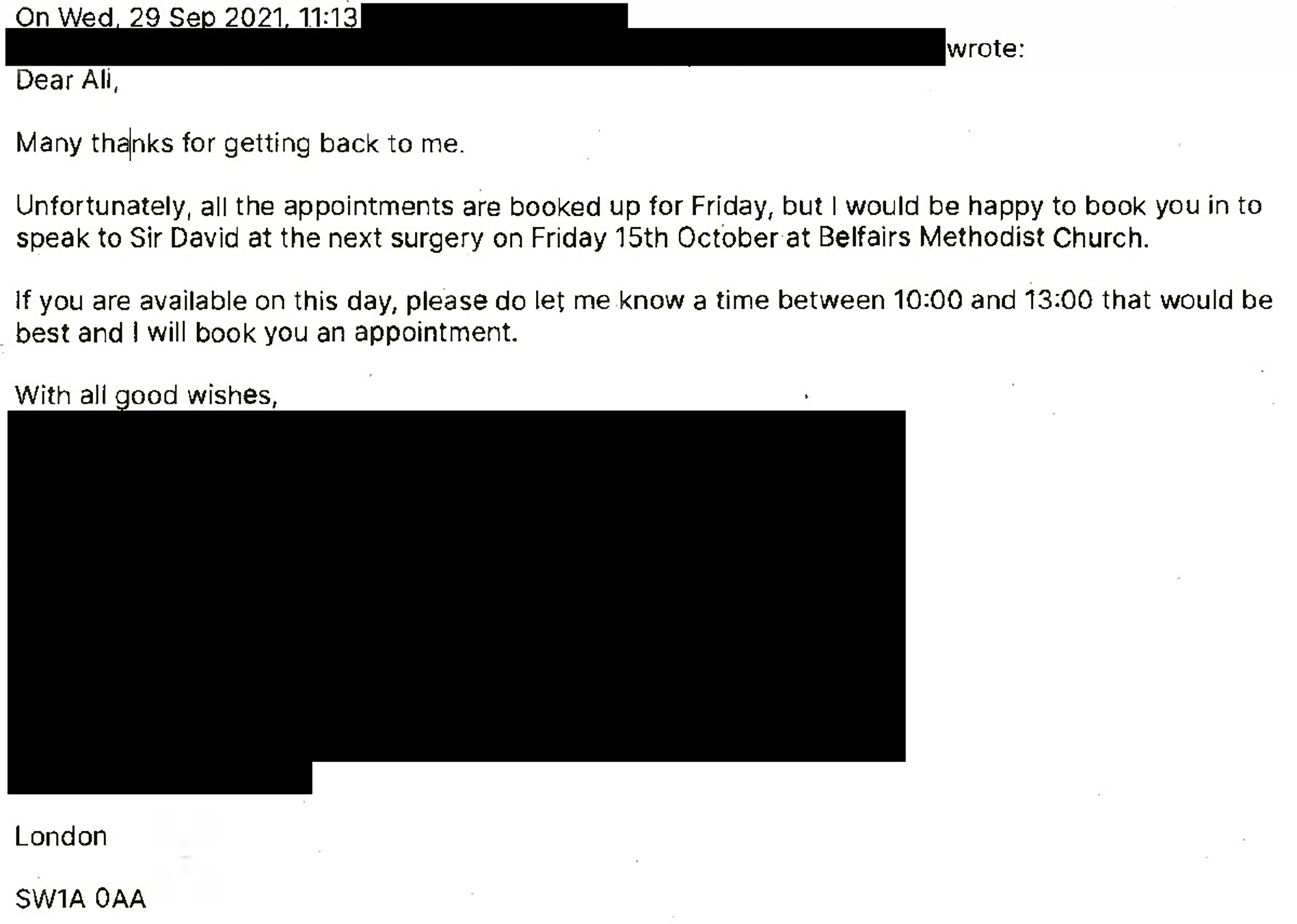 Screenshot of email contact between Ali Harbi Ali and the office of Sir David Amess (Metropolitan Police/PA)