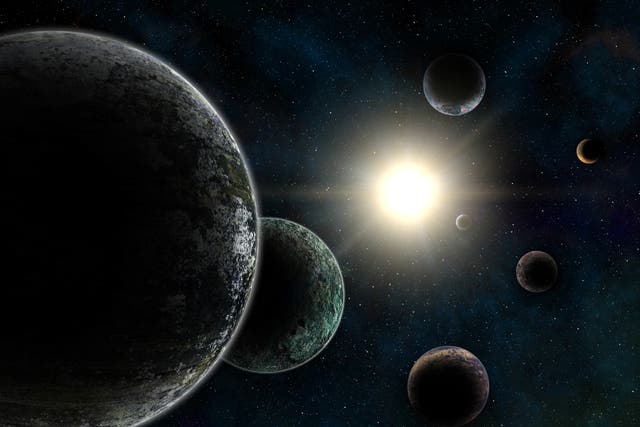 An artist’s conception of exoplanets, planets around distant stars