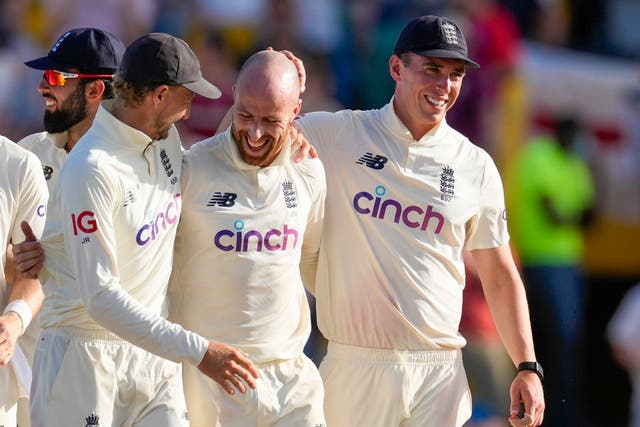 Jack Leach, centre, has been England’s workhorse in the West Indies (Ricardo Mazalan/AP)