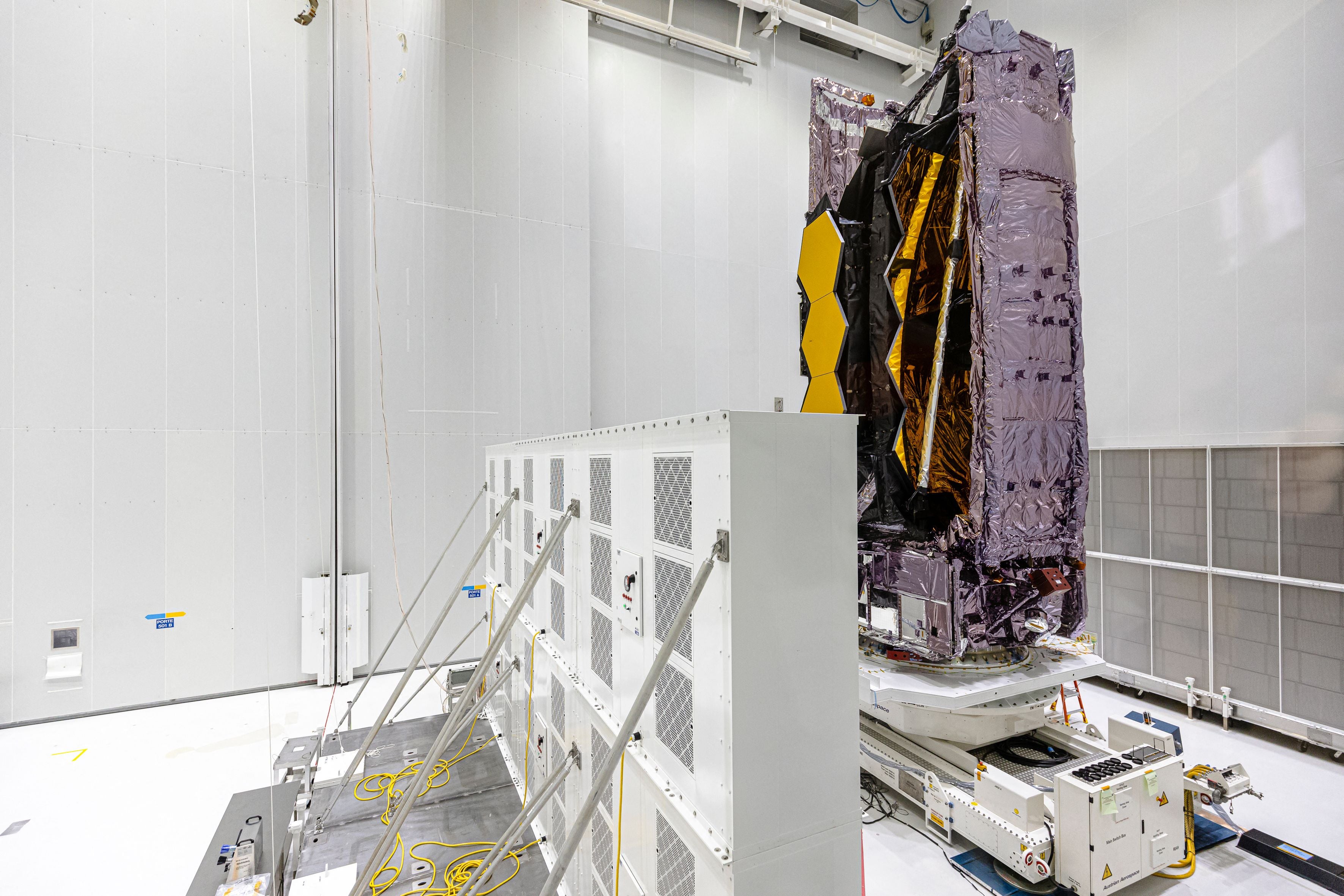 <p>James Webb Space Telescope stands in the S5 Payload Preparation Facility (EPCU-S5) at The Guiana Space Centre, Kourou, French Guiana on November 5, 2021</p>