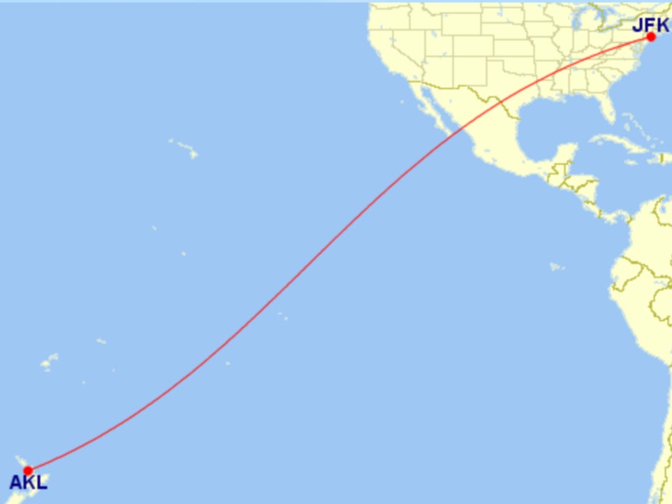 Long haul: direct flight path for the 8,828-mile link from New York JFK to Auckland (AKL)