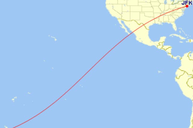 <p>Long haul: direct flight path for the 8,828-mile link from New York JFK to Auckland (AKL)</p>