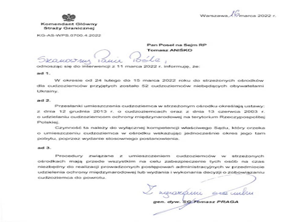 <p>Letter from Polish border police confirming people were detained just for entering Poland</p>