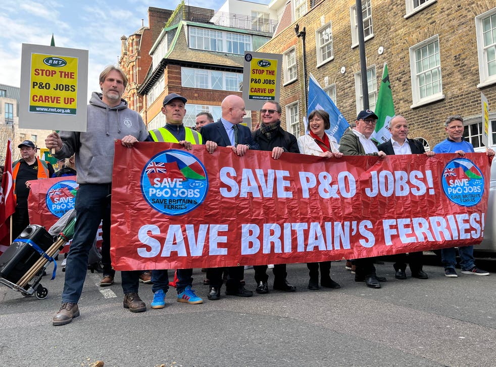  P&O crew and RMT officials marching to Westminster on Monday</p>