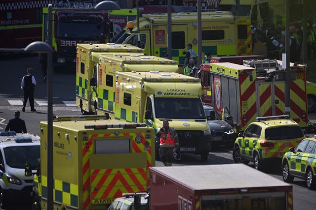 <p>Ambulances arrive as emergency services evacuate people from the London Aquatics Centre</p>