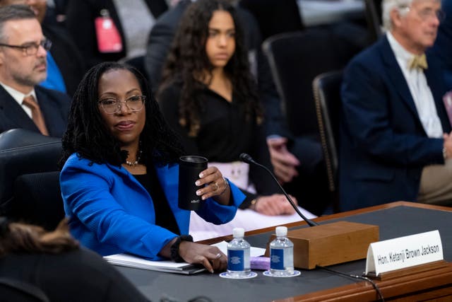 <p>Supreme Court nominee Ketanji Brown Jackson arrives to testify during her Senate Judiciary Committee confirmation hearing on Capitol Hill in Washington, Wednesday, March 23, 2022</p>