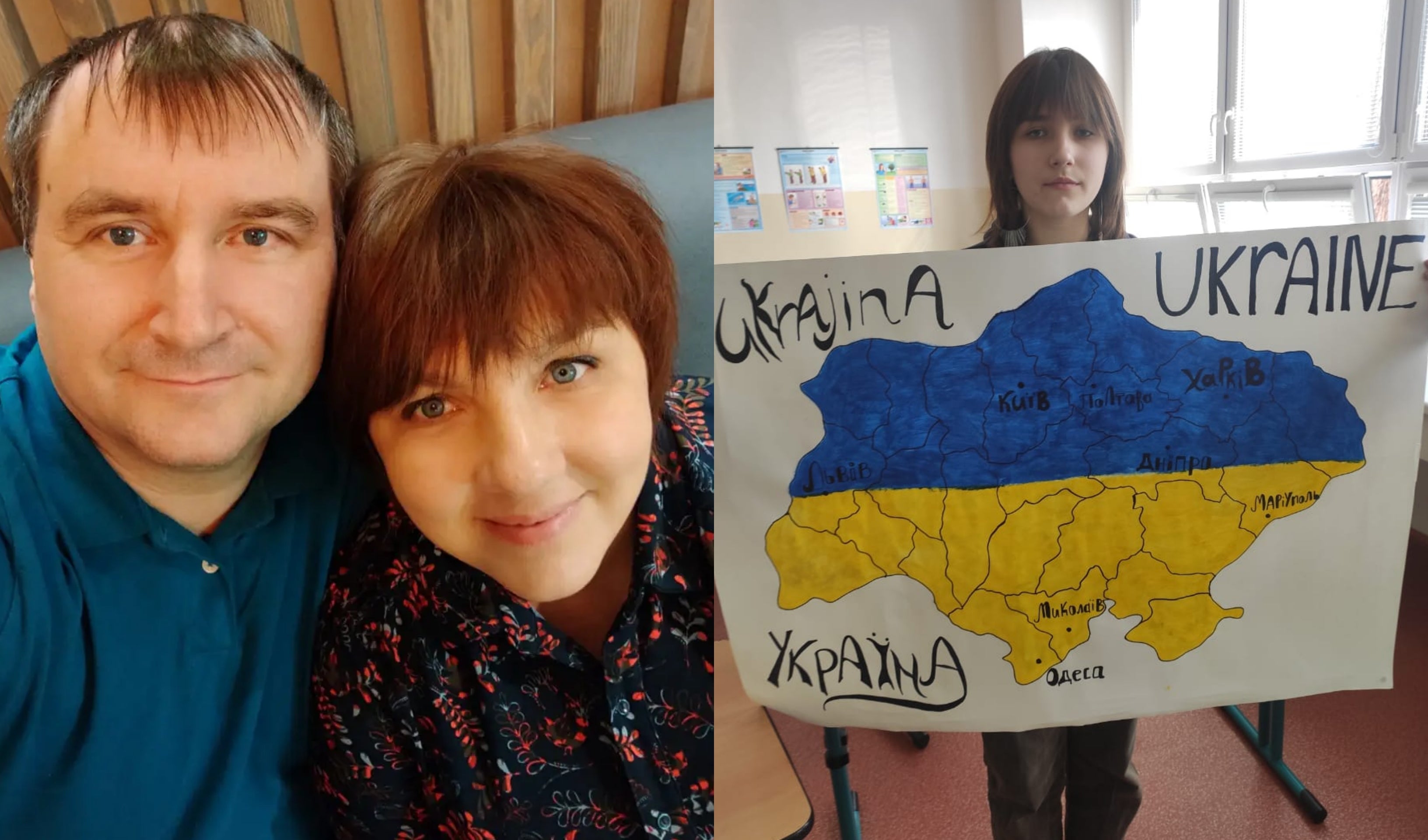 Luda Sviridok and her husband Sergey (right) and her nine-year-old daughter who painted a map of Ukraine for the classroom. (Luda Sviridok/PA)