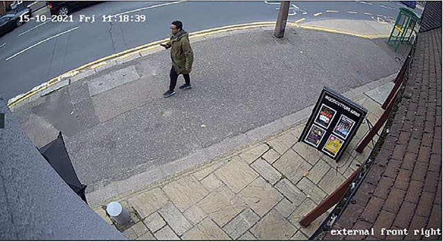 <p>Murder suspect Ali Harbi Ali captured walking between Leigh-on-Sea railway station and Belfairs Methodist Church on 15 October 2021</p>