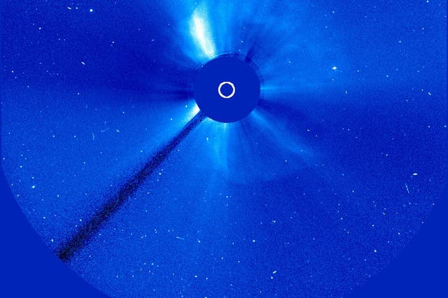 <p>A coronal mass ejection captured by the NASA-ESA Solar and Heliospheric Observatory (SOHO) spacecraft in 2012</p>