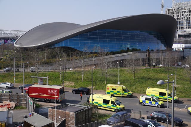Emergency services near the Aquatics Centre, at the Queen Elizabeth Olympic Park in London (Kirsty O’Connor/PA)
