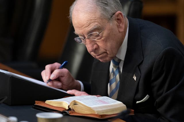 <p>Chuck Grassley takes notes during Ketanji Brown Jackson’s Supreme Court nomination hearing in March </p>