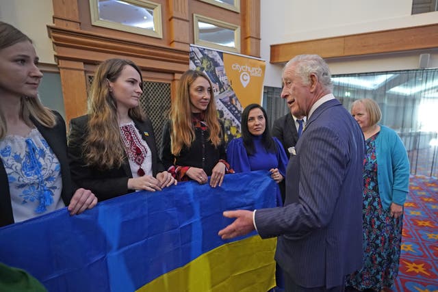 The Prince of Wales meets Ukrainian women (left-right) Iuliia Wilson, Kateryna Zaichyk, Maryna Opanasenko and Alina Bilous during a reception at Titanic Belfast (Niall Carson/PA)