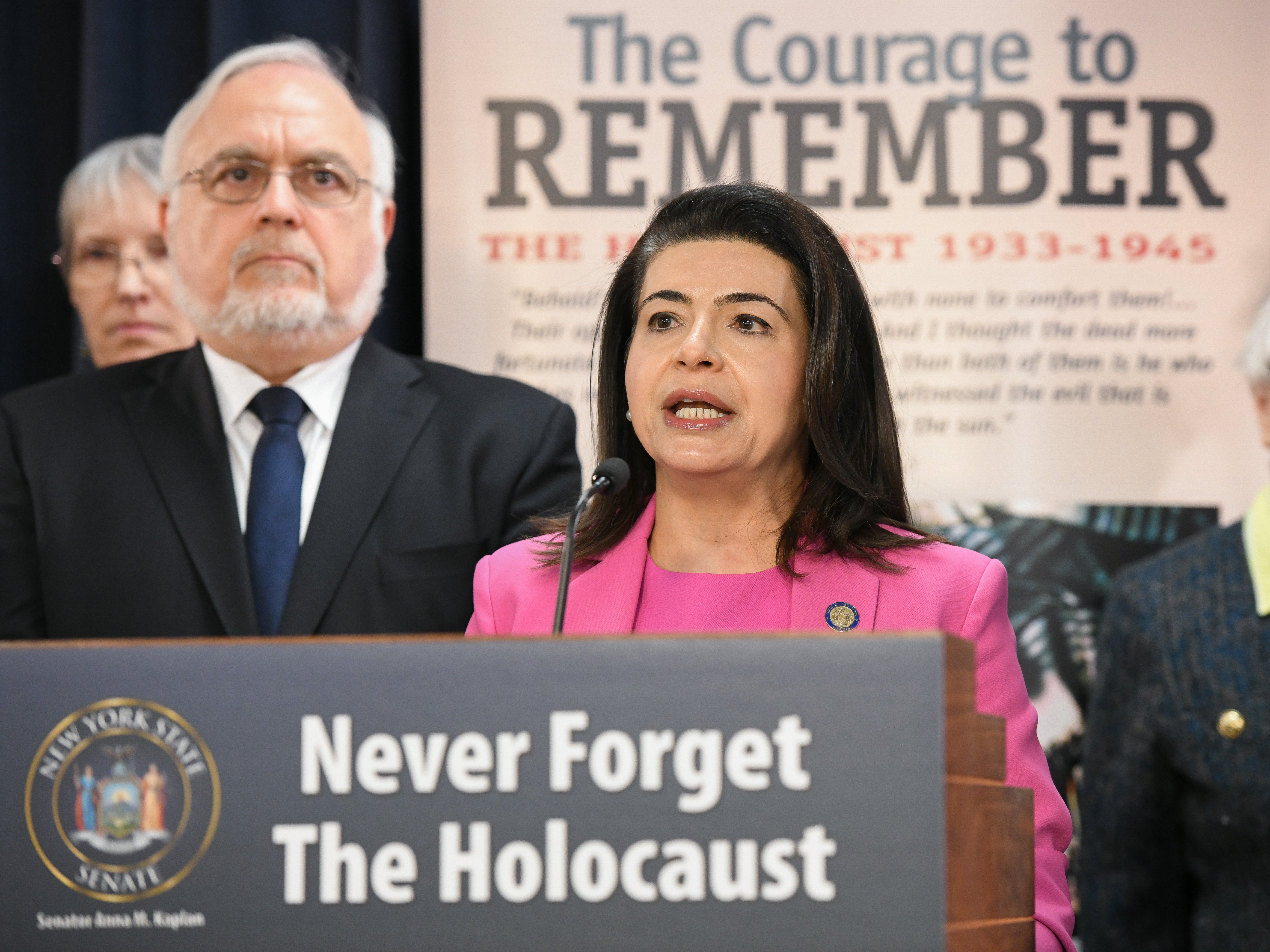 New York state Senator Anna Kaplan speaking on Tuesday in Albany