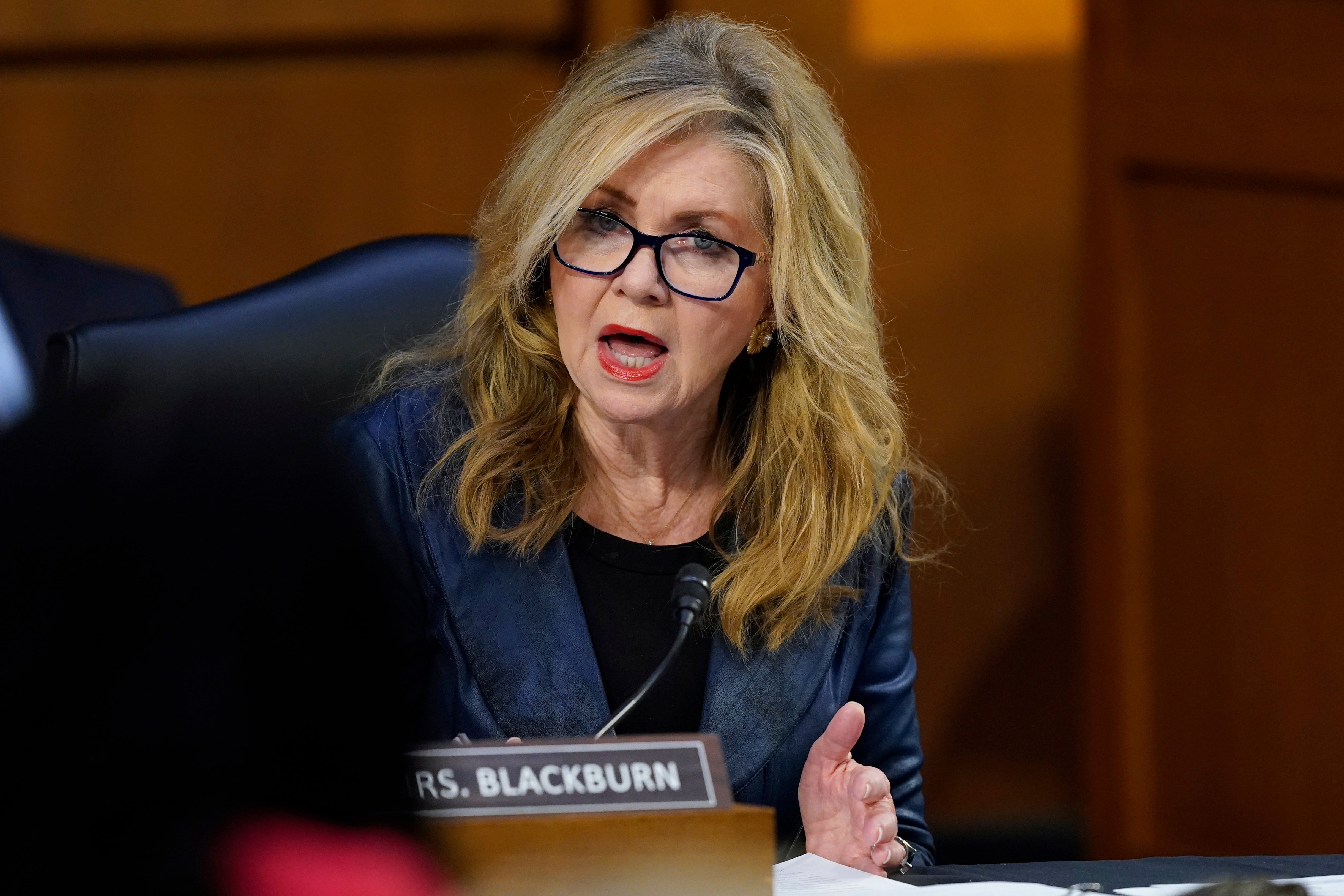 Sen. Marsha Blackburn, R-Tenn., questions Supreme Court nominee Ketanji Brown Jackson during her Senate Judiciary Committee confirmation hearing on Capitol Hill in Washington, Tuesday, March 22, 2022. (AP Photo/Alex Brandon)