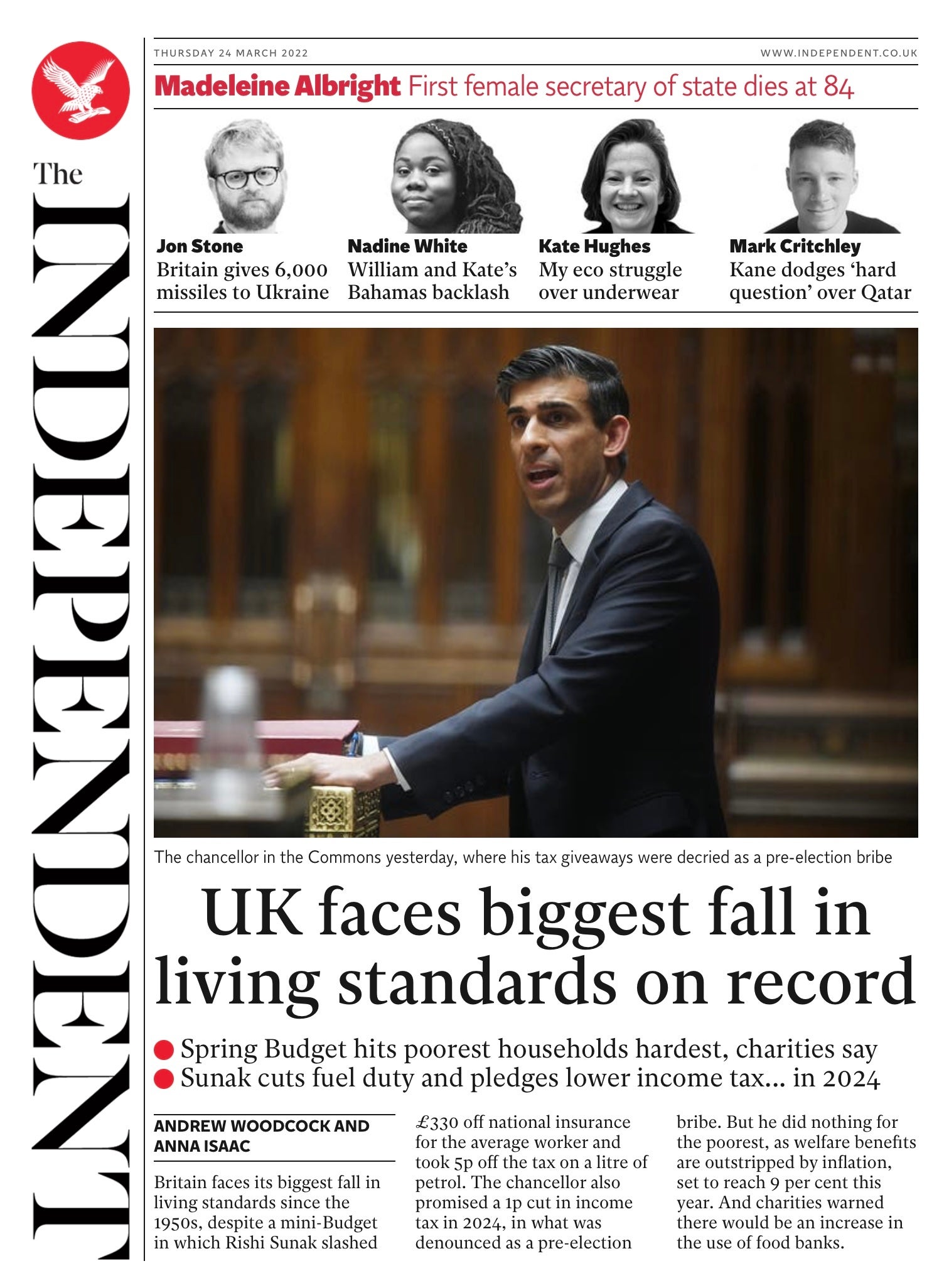 The Independent app edition’s front page on Thursday