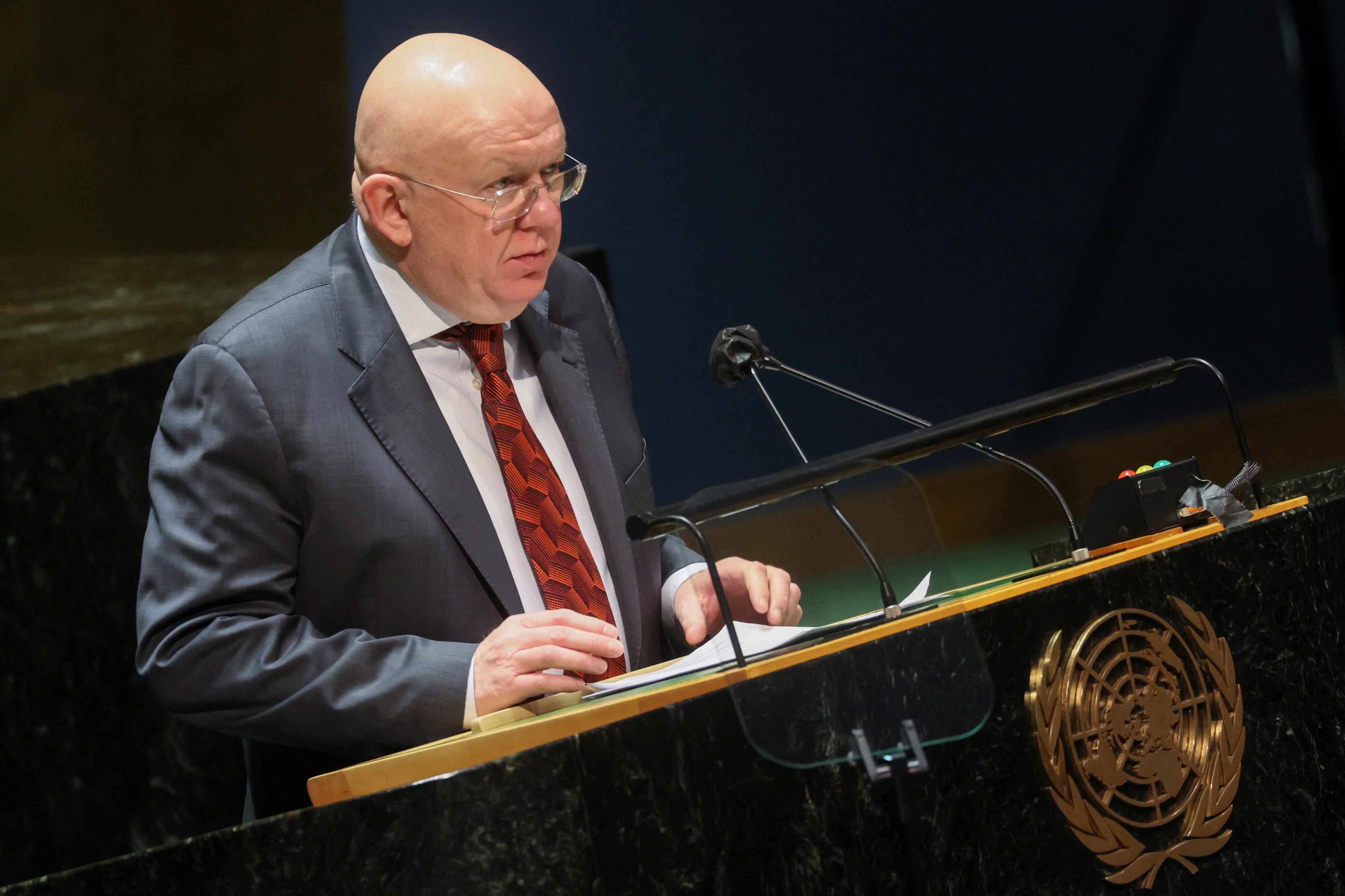 Russian Ambassador to the UN Vassily Nebenzia addresses a special session of the UN General Assembly on Russia’s invasion of Ukraine