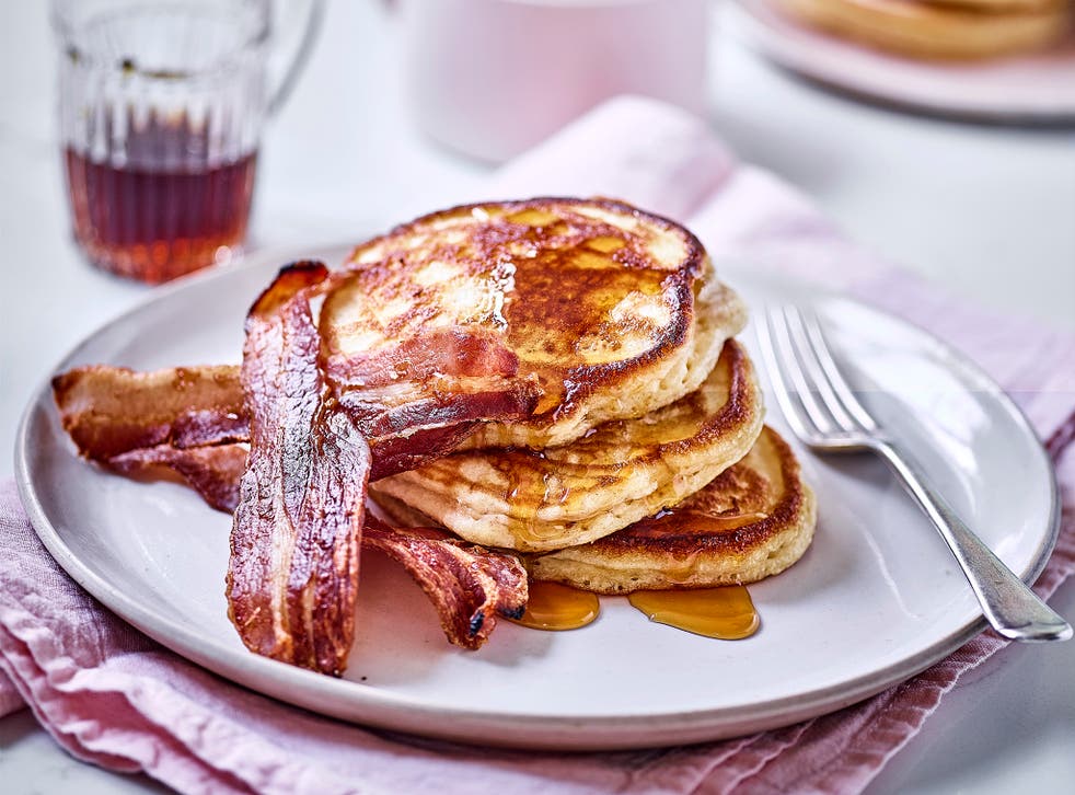 <p>Hoping to feed the family a healthy twist on this breakfast classic? Try serving the pancakes with fresh fruit instead of the bacon and syrup</p>