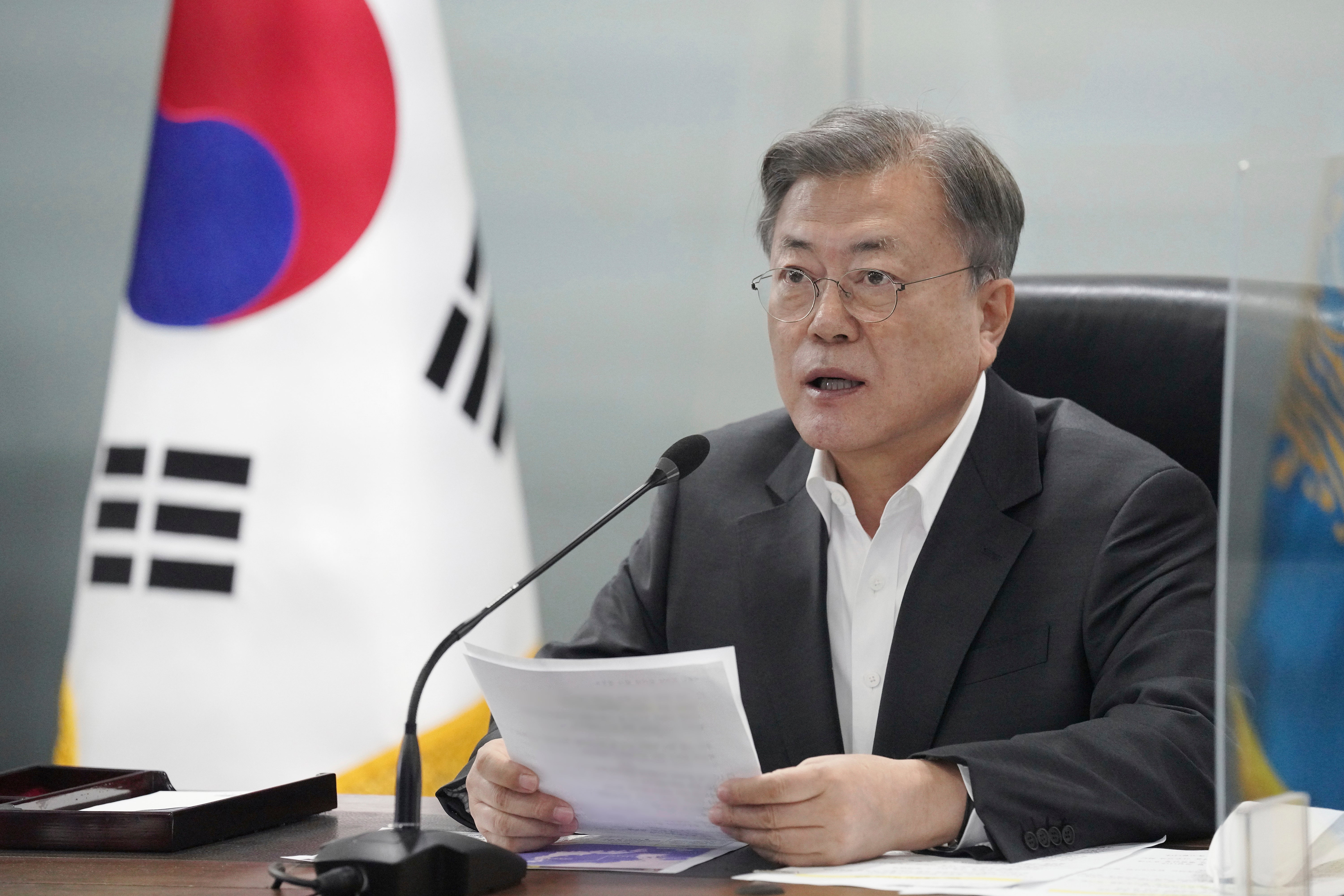 South Korean President Moon Jae-in speaks during a meeting of the National Security Council