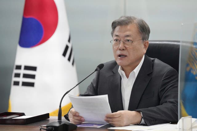 <p>South Korean President Moon Jae-in speaks during a meeting of the National Security Council </p>