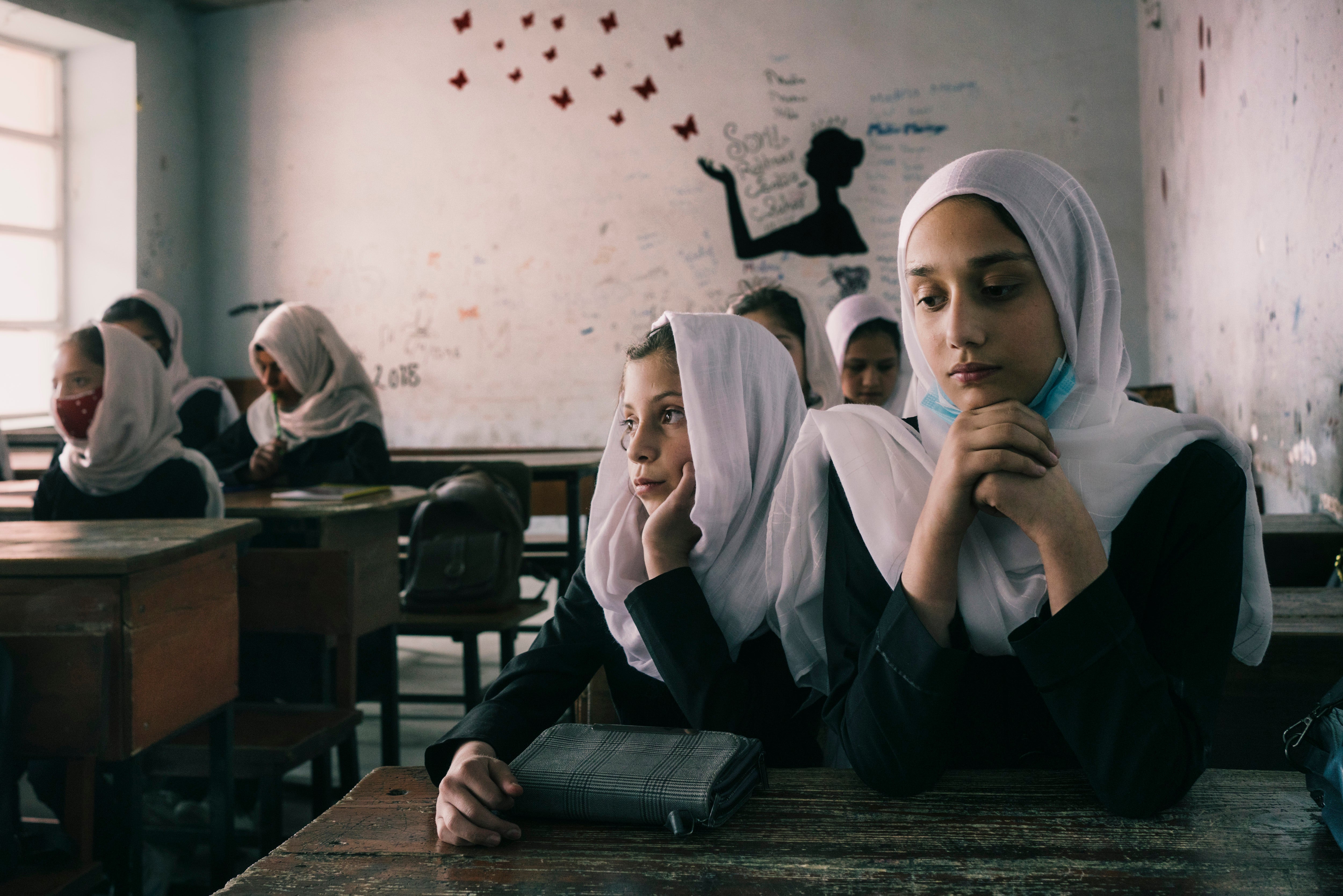 Students attend a sixth-grade class at the Ayesha Durkhani girls’ school in Kabul, Afghanistan, on Wednesday 23 March