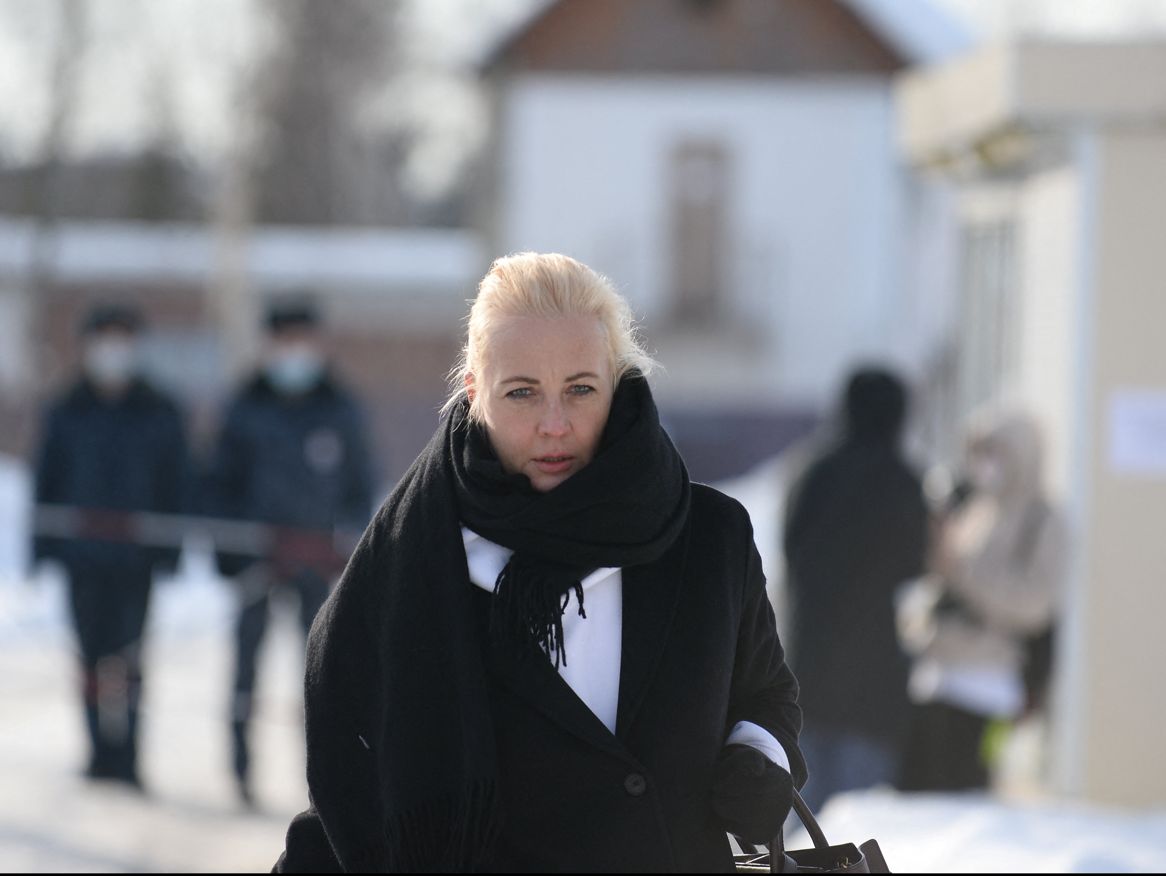 Yulia Navalnaya leaves a court hearing in Pokrov on 15 February