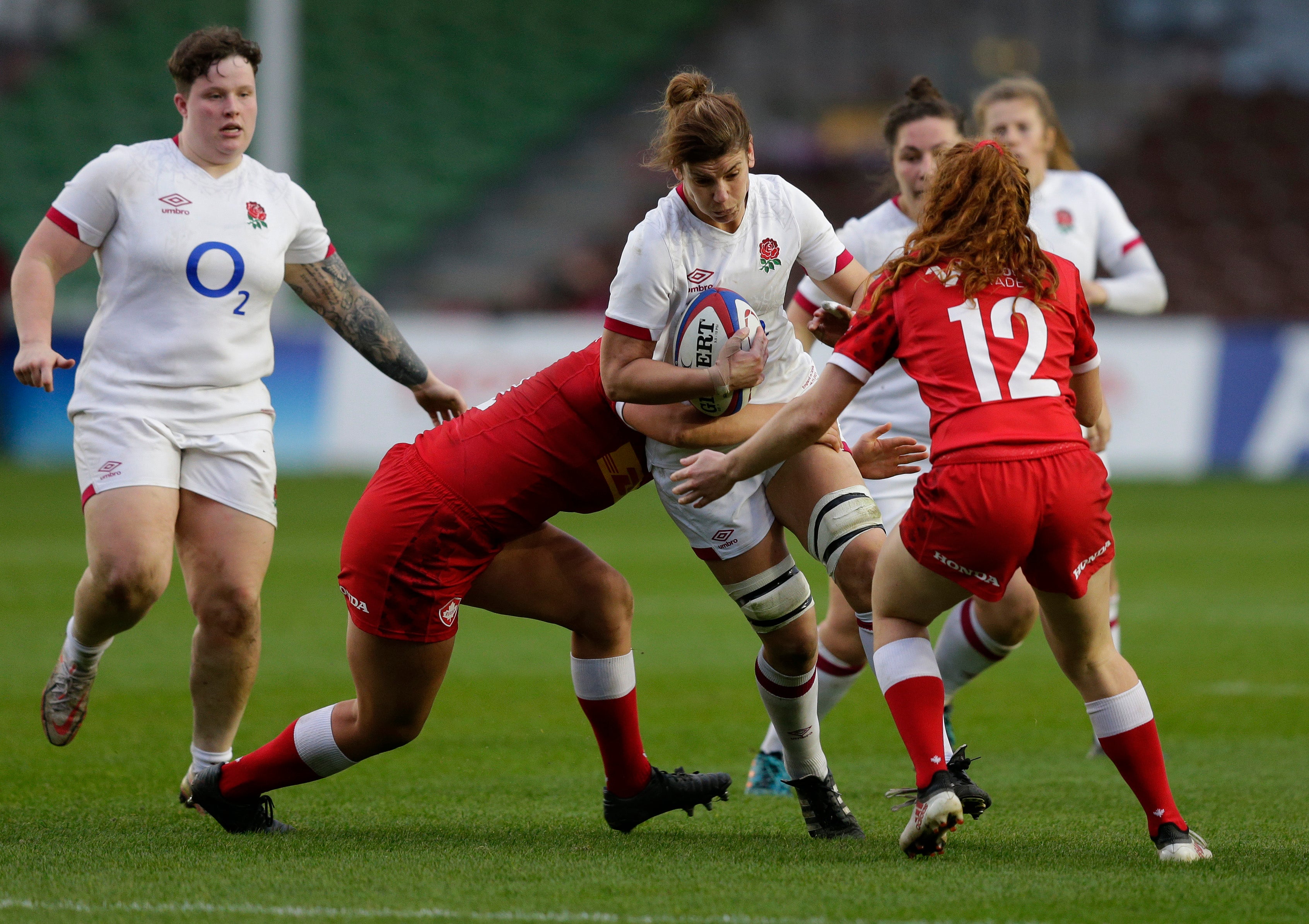 Sarah Hunter gets tackled during the Autumn International match against Canada
