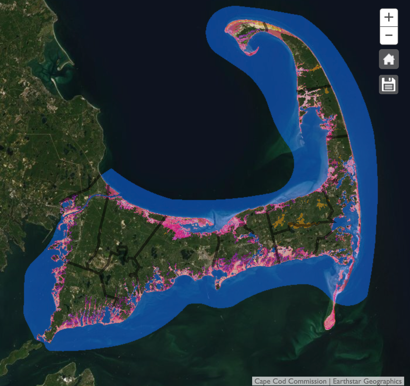 Coastal High Hazard Areas (marked in red) with 1foot of sea level rise around Cape Cod