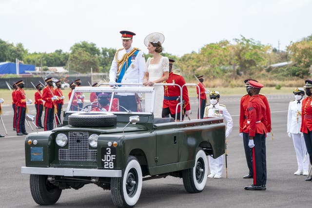 The Duke and Duchess of Cambridge attend the inaugural commissioning parade for service personnel from across the Caribbean who have recently completed the Caribbean Military Academy’s Officer Training Programme, in Kingston, Jamaica (Jane Barlow/PA)