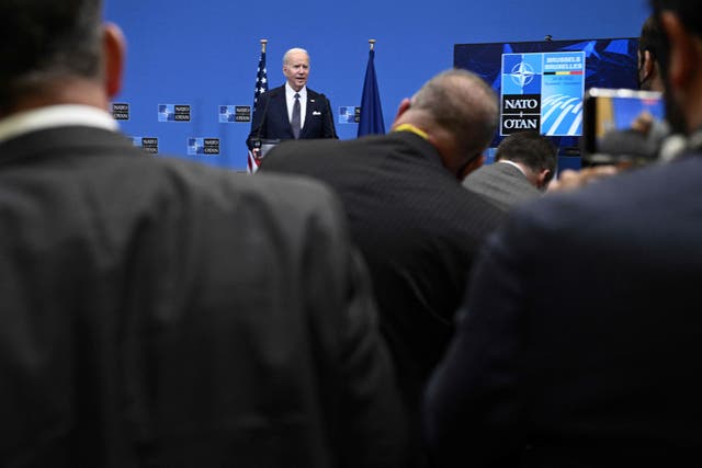 <p>US President Joe Biden addresses media representatives during a press conference at NATO Headquarters in Brussels on March 24, 2022</p>