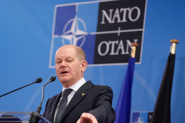 <p>Chancellor Olaf Scholz gives a press conference at the end of a G7 meeting</p>