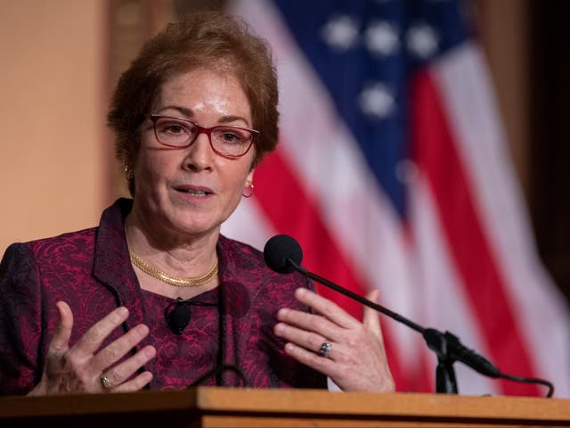 <p>Former U.S. Ambassador Marie Yovanovitch speaks during a ceremony awarding her the Trainor Award for “Excellence in the Conduct of Diplomacy” at Georgetown University on February 12, 2020</p>