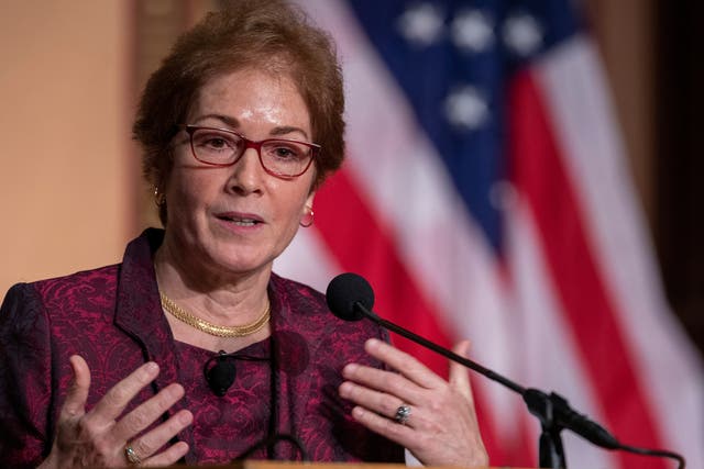 <p>Former U.S. Ambassador Marie Yovanovitch speaks during a ceremony awarding her the Trainor Award for “Excellence in the Conduct of Diplomacy” at Georgetown University on February 12, 2020</p>