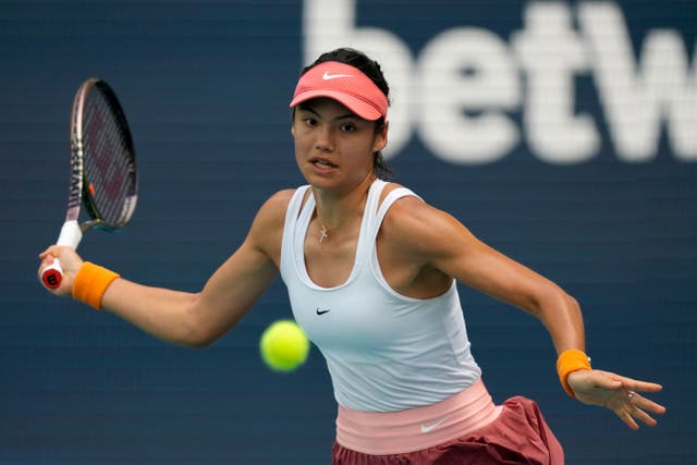 Emma Raducanu was beaten by Katerina Siniakova in Miami (Rebecca Blackwell/AP)