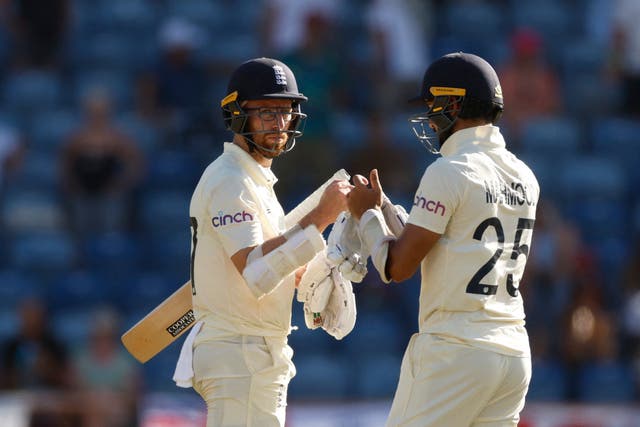 <p>Jack Leach and Saqib Mahmood produced an unlikely final-wicket stand to salvage England’s day  </p>